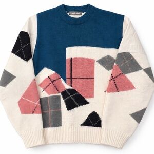 Vintage 90s Geometric Patterned Sweater with  real leather shoulder panels